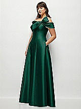 Side View Thumbnail - Hunter Green Asymmetrical Bow Off-Shoulder Satin Gown with Ballroom Skirt