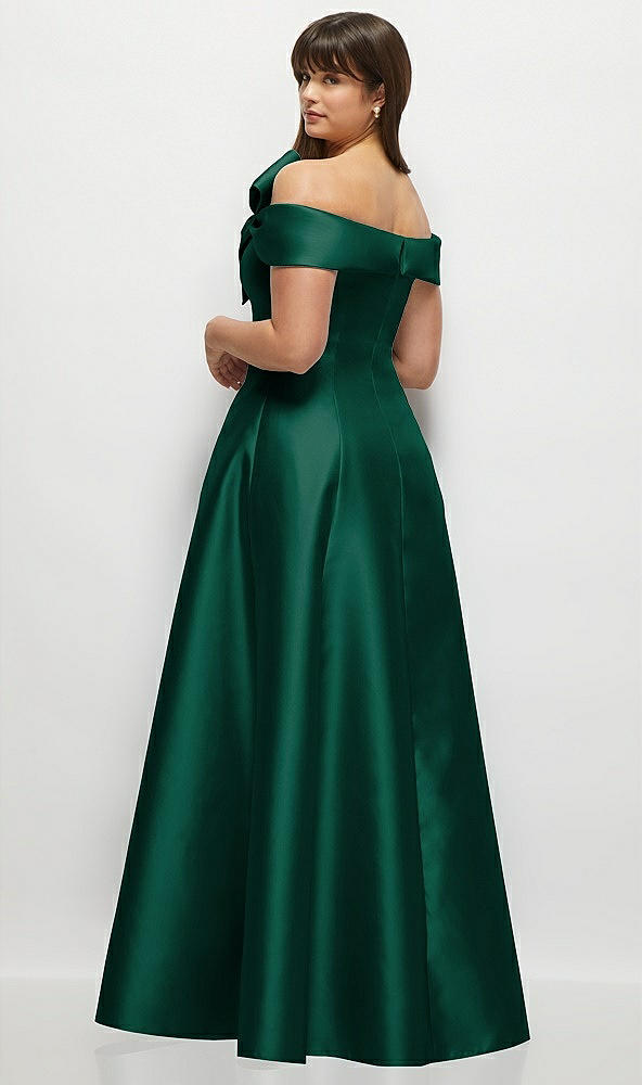 Back View - Hunter Green Asymmetrical Bow Off-Shoulder Satin Gown with Ballroom Skirt
