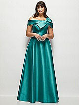 Front View Thumbnail - Jade Asymmetrical Bow Off-Shoulder Satin Gown with Ballroom Skirt