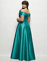 Rear View Thumbnail - Jade Asymmetrical Bow Off-Shoulder Satin Gown with Ballroom Skirt
