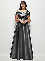 Front View Thumbnail - Pewter Asymmetrical Bow Off-Shoulder Satin Gown with Ballroom Skirt