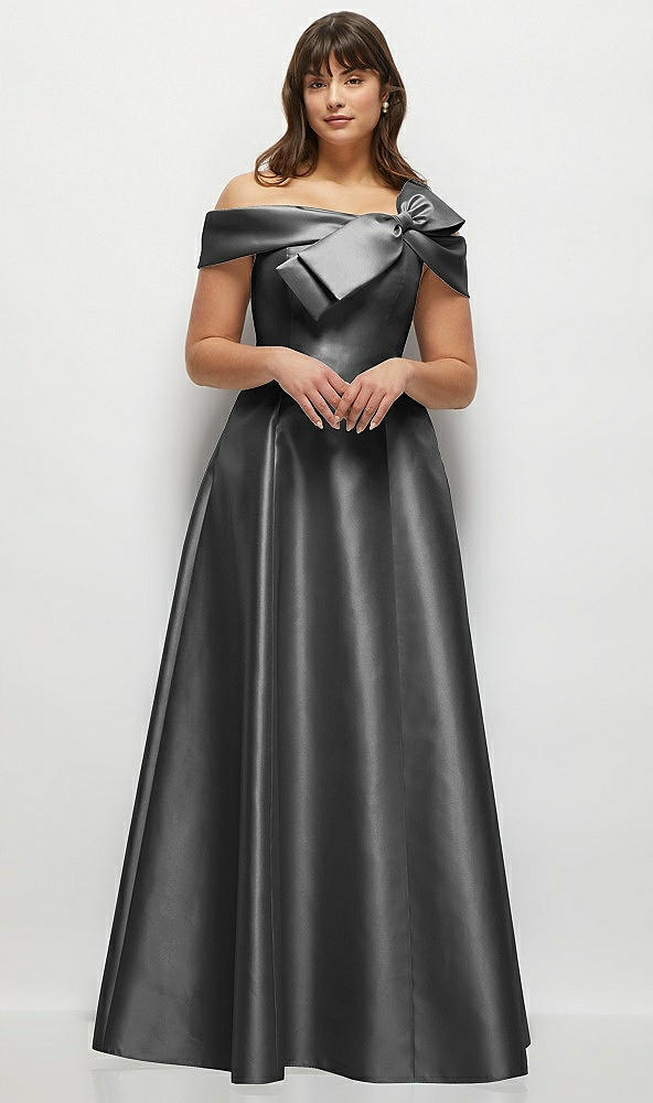 Front View - Pewter Asymmetrical Bow Off-Shoulder Satin Gown with Ballroom Skirt