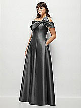 Side View Thumbnail - Pewter Asymmetrical Bow Off-Shoulder Satin Gown with Ballroom Skirt