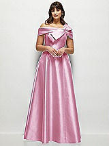 Front View Thumbnail - Powder Pink Asymmetrical Bow Off-Shoulder Satin Gown with Ballroom Skirt