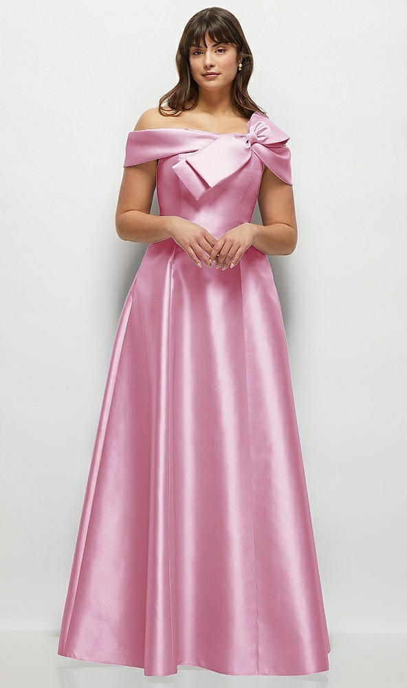Front View - Powder Pink Asymmetrical Bow Off-Shoulder Satin Gown with Ballroom Skirt