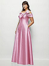 Side View Thumbnail - Powder Pink Asymmetrical Bow Off-Shoulder Satin Gown with Ballroom Skirt