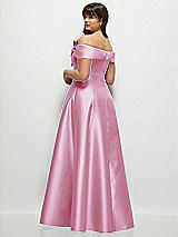 Rear View Thumbnail - Powder Pink Asymmetrical Bow Off-Shoulder Satin Gown with Ballroom Skirt