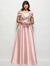 Front View Thumbnail - Rose - PANTONE Rose Quartz Asymmetrical Bow Off-Shoulder Satin Gown with Ballroom Skirt