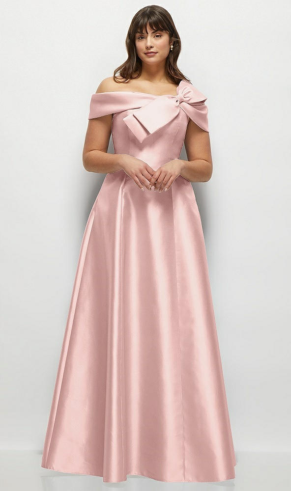 Front View - Rose - PANTONE Rose Quartz Asymmetrical Bow Off-Shoulder Satin Gown with Ballroom Skirt