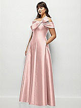 Side View Thumbnail - Rose - PANTONE Rose Quartz Asymmetrical Bow Off-Shoulder Satin Gown with Ballroom Skirt