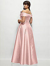 Rear View Thumbnail - Rose - PANTONE Rose Quartz Asymmetrical Bow Off-Shoulder Satin Gown with Ballroom Skirt