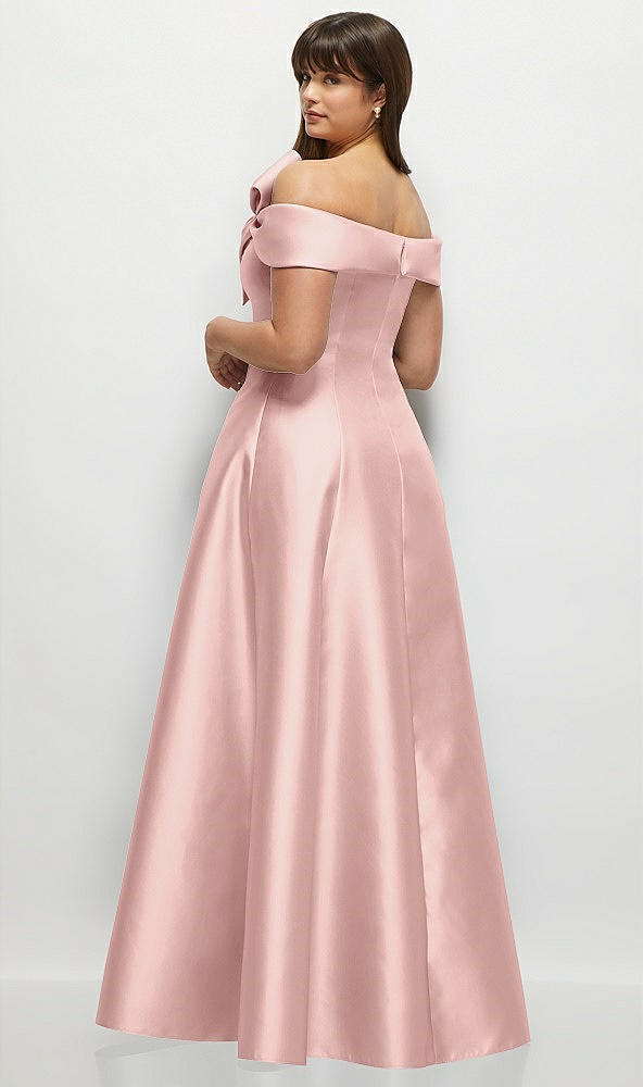 Back View - Rose - PANTONE Rose Quartz Asymmetrical Bow Off-Shoulder Satin Gown with Ballroom Skirt