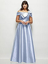 Front View Thumbnail - Sky Blue Asymmetrical Bow Off-Shoulder Satin Gown with Ballroom Skirt
