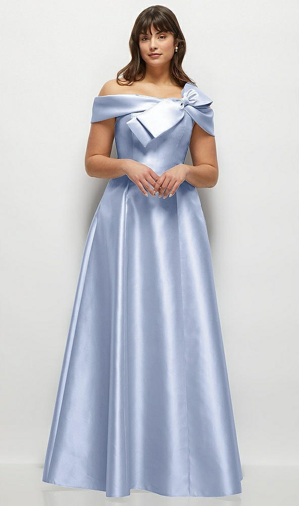 Front View - Sky Blue Asymmetrical Bow Off-Shoulder Satin Gown with Ballroom Skirt