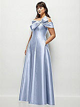 Side View Thumbnail - Sky Blue Asymmetrical Bow Off-Shoulder Satin Gown with Ballroom Skirt