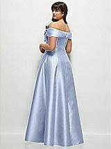 Rear View Thumbnail - Sky Blue Asymmetrical Bow Off-Shoulder Satin Gown with Ballroom Skirt