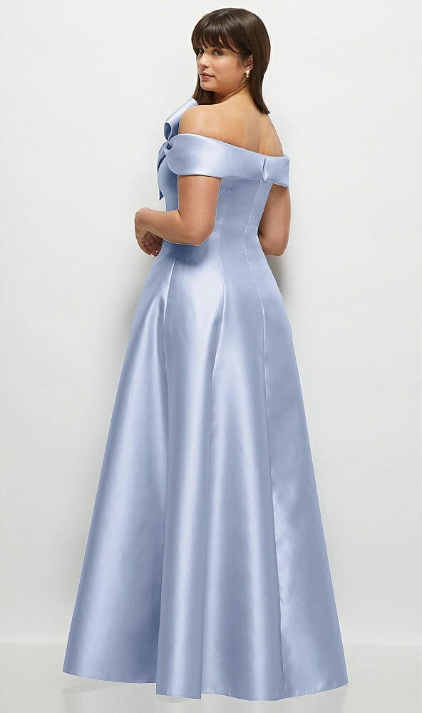 Back View - Sky Blue Asymmetrical Bow Off-Shoulder Satin Gown with Ballroom Skirt
