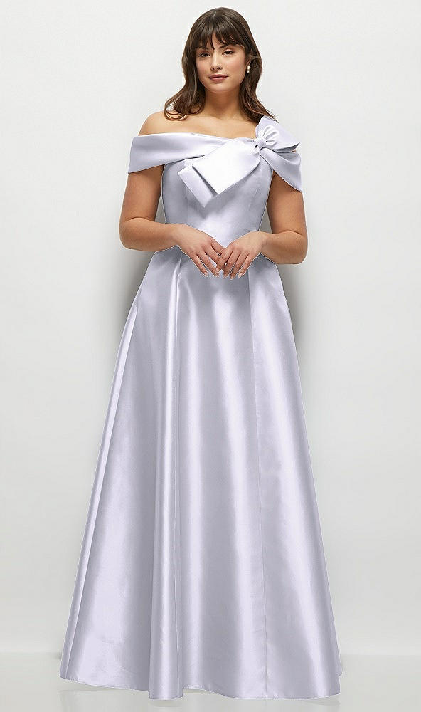 Front View - Silver Dove Asymmetrical Bow Off-Shoulder Satin Gown with Ballroom Skirt