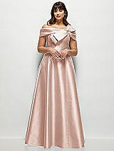 Front View Thumbnail - Toasted Sugar Asymmetrical Bow Off-Shoulder Satin Gown with Ballroom Skirt