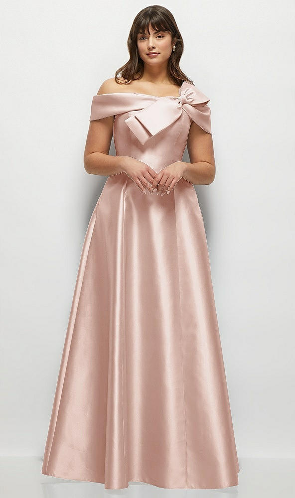 Front View - Toasted Sugar Asymmetrical Bow Off-Shoulder Satin Gown with Ballroom Skirt