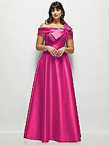 Front View Thumbnail - Think Pink Asymmetrical Bow Off-Shoulder Satin Gown with Ballroom Skirt