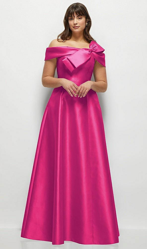 Front View - Think Pink Asymmetrical Bow Off-Shoulder Satin Gown with Ballroom Skirt