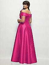 Rear View Thumbnail - Think Pink Asymmetrical Bow Off-Shoulder Satin Gown with Ballroom Skirt