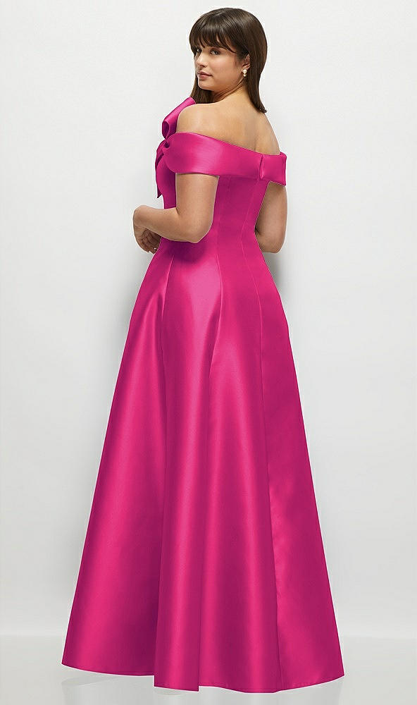 Back View - Think Pink Asymmetrical Bow Off-Shoulder Satin Gown with Ballroom Skirt
