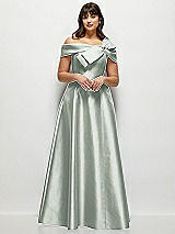 Front View Thumbnail - Willow Green Asymmetrical Bow Off-Shoulder Satin Gown with Ballroom Skirt