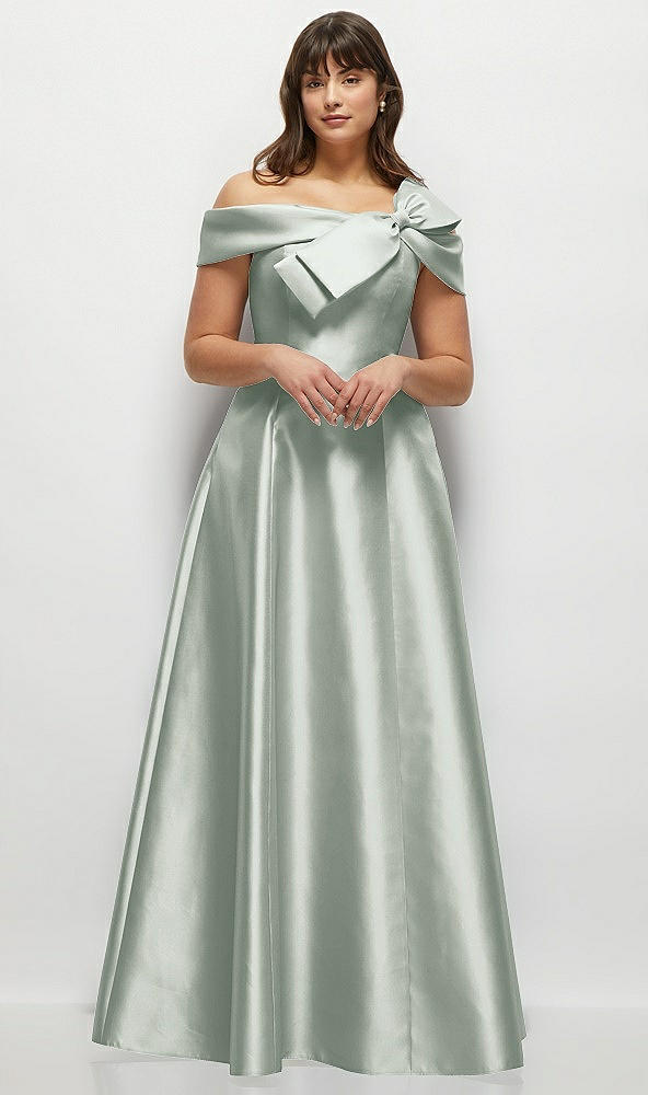 Front View - Willow Green Asymmetrical Bow Off-Shoulder Satin Gown with Ballroom Skirt