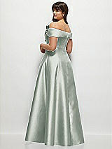 Rear View Thumbnail - Willow Green Asymmetrical Bow Off-Shoulder Satin Gown with Ballroom Skirt