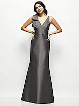 Front View Thumbnail - Caviar Gray Deep V-back Satin Trumpet Dress with Cascading Bow at One Shoulder