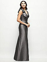 Side View Thumbnail - Caviar Gray Deep V-back Satin Trumpet Dress with Cascading Bow at One Shoulder