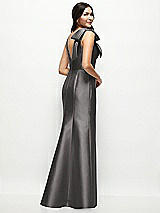 Rear View Thumbnail - Caviar Gray Deep V-back Satin Trumpet Dress with Cascading Bow at One Shoulder