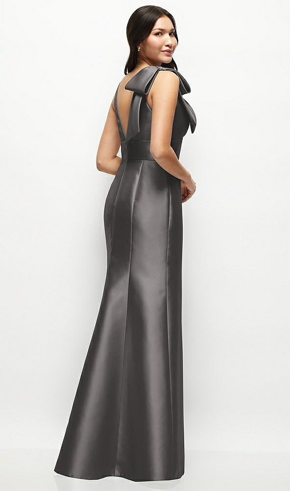 Back View - Caviar Gray Deep V-back Satin Trumpet Dress with Cascading Bow at One Shoulder