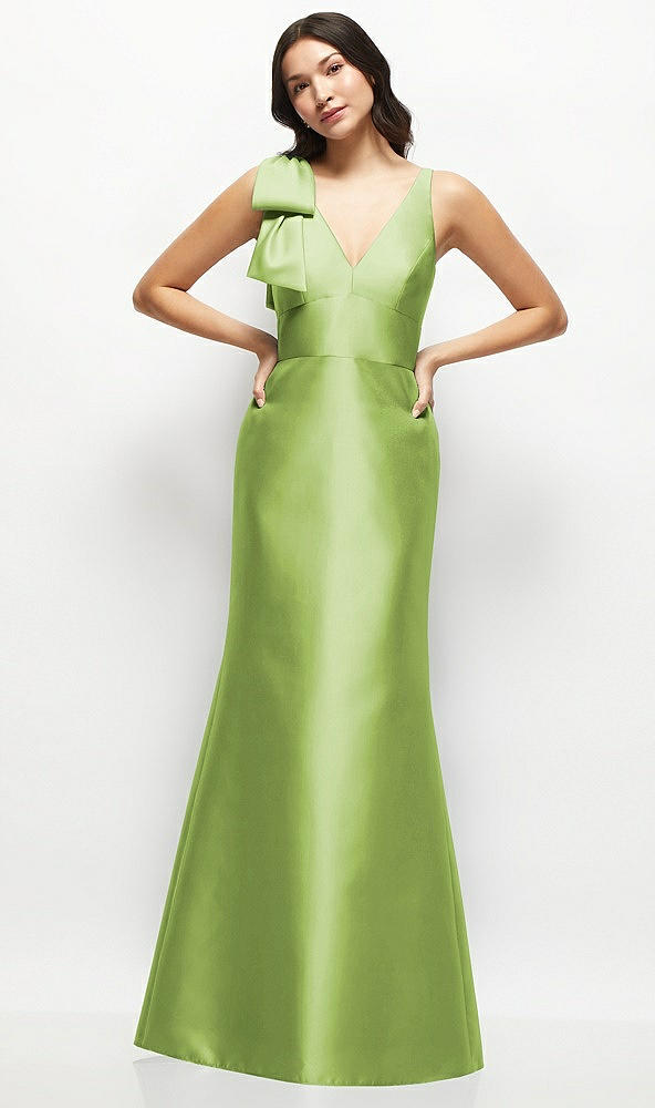 Front View - Mojito Deep V-back Satin Trumpet Dress with Cascading Bow at One Shoulder