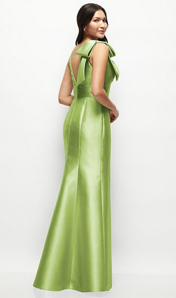 Back View - Mojito Deep V-back Satin Trumpet Dress with Cascading Bow at One Shoulder
