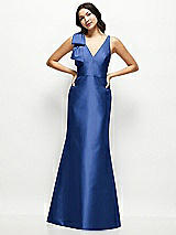 Front View Thumbnail - Classic Blue Deep V-back Satin Trumpet Dress with Cascading Bow at One Shoulder