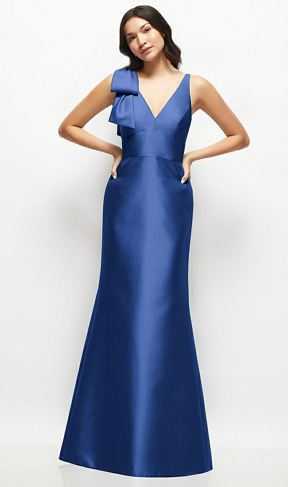 Front View - Classic Blue Deep V-back Satin Trumpet Dress with Cascading Bow at One Shoulder