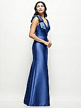 Side View Thumbnail - Classic Blue Deep V-back Satin Trumpet Dress with Cascading Bow at One Shoulder
