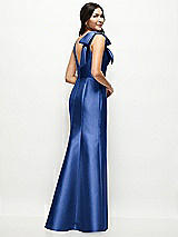 Rear View Thumbnail - Classic Blue Deep V-back Satin Trumpet Dress with Cascading Bow at One Shoulder