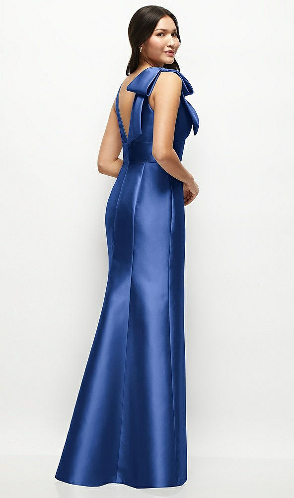 Back View - Classic Blue Deep V-back Satin Trumpet Dress with Cascading Bow at One Shoulder