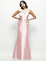 Front View Thumbnail - Ballet Pink Deep V-back Satin Trumpet Dress with Cascading Bow at One Shoulder