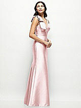 Side View Thumbnail - Ballet Pink Deep V-back Satin Trumpet Dress with Cascading Bow at One Shoulder
