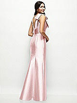 Rear View Thumbnail - Ballet Pink Deep V-back Satin Trumpet Dress with Cascading Bow at One Shoulder