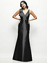 Front View Thumbnail - Black Deep V-back Satin Trumpet Dress with Cascading Bow at One Shoulder