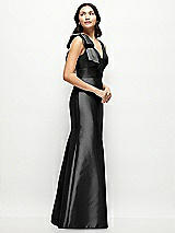 Side View Thumbnail - Black Deep V-back Satin Trumpet Dress with Cascading Bow at One Shoulder