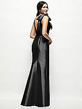Rear View Thumbnail - Black Deep V-back Satin Trumpet Dress with Cascading Bow at One Shoulder
