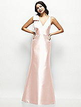 Front View Thumbnail - Blush Deep V-back Satin Trumpet Dress with Cascading Bow at One Shoulder