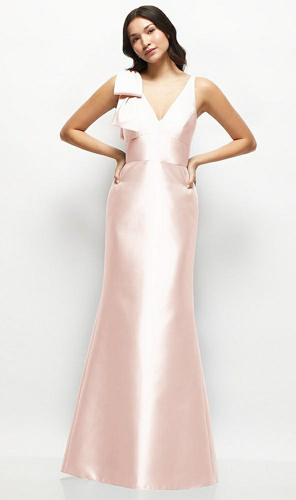 Front View - Blush Deep V-back Satin Trumpet Dress with Cascading Bow at One Shoulder